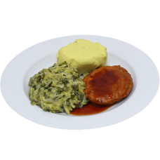 Stroganoffburger met vleesjus, savooie kool met saus en aardappelpuree (zoutarm/natriumarm)